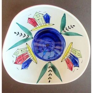 Rare Inger Waage Stavangerflint Bowl w/Abstract Fishing Village Norway 1950s MCM